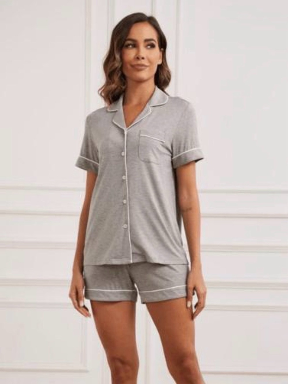 Nordstrom Moonlight Eco Short Pajama Set Heather Gray White Piping L